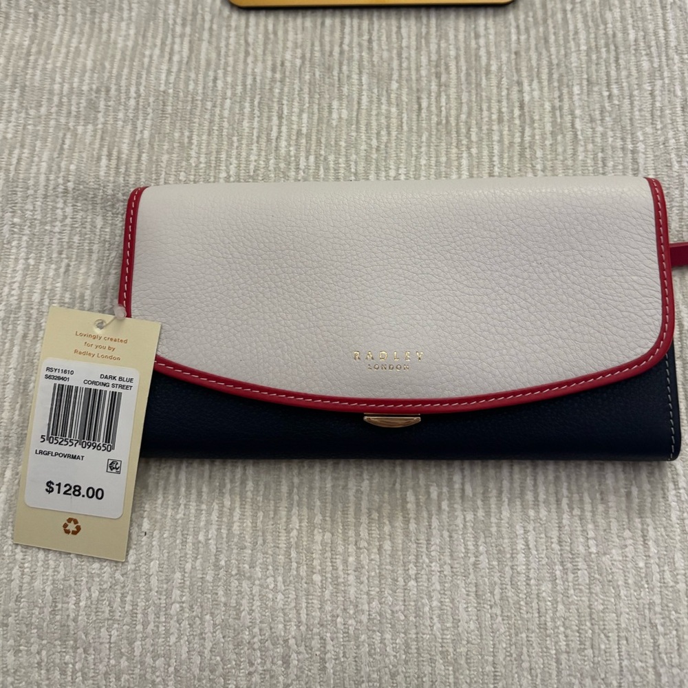 Radley London Cording Street Large Flapover Wallet Navy Red White Leather NWT